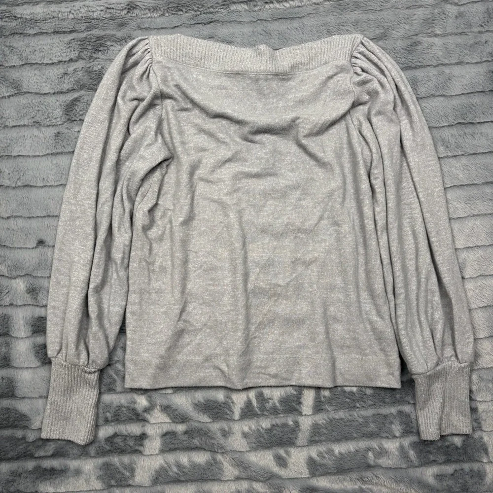 LOFT Womens Gray Marled Boat Neck Puff Shoulder Bishop Sleeve Knit Top Small